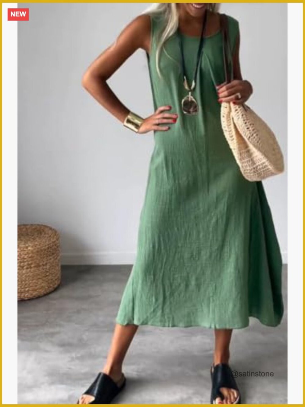 Sleeveless Linen Tank Dress A-Line Midi Beach Dress - Picture 2 of 2